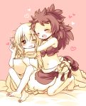  2girls :d =_= bare_arms bare_legs bare_shoulders barefoot blonde_hair blush bra closed_eyes hair_between_eyes holding hug indian_style kneeling long_hair looking_at_another made_in_abyss midriff mitty_(made_in_abyss) multiple_girls nanachi_(made_in_abyss) navel one_eye_closed open_mouth parted_lips pen pink_background ponytail redhead sakurazawa_izumi simple_background sitting smile strapless strapless_bra underwear wavy_mouth 