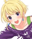  1boy :d androgynous blonde_hair blouse earrings eyebrows_visible_through_hair highres idolmaster idolmaster_side-m jewelry leaning_forward male_focus open_mouth pierre_(idolmaster) sekina simple_background smile solo trap violet_eyes white_background 