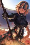  &gt;:( 1girl ark_ford blue_eyes blurry braid depth_of_field fate/apocrypha fate_(series) flag gauntlets headpiece highres holding horizon light_brown_hair long_hair looking_at_viewer petals polearm ruler_(fate/apocrypha) signature single_braid solo weapon 