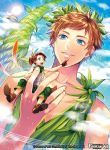  2boys bird blue_eyes boots brown_hair chicken clouds copyright_name day feathers force_of_will giant gloves green_eyes jack_and_the_beanstalk leaf long_hair male_focus matsurika_youko multiple_boys official_art plant ponytail sky sun teeth vines 