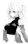  1girl breasts greyscale kamukamu_(ars) medium_breasts mizuhashi_parsee monochrome pointy_ears solo sweater taut_clothes touhou turtleneck turtleneck_sweater upper_body 