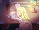  1girl blonde_hair book chair clefairy closed_eyes feathers lamp lillie_(pokemon) long_hair mei_(maysroom) open_book pokemon pokemon_(game) pokemon_sm sitting sleeping sleeveless solo stuffed_toy table 