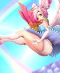  1girl aqua_background ass boots cure_parfait elbow_gloves falling food_themed_hair_ornament full_body gloves green_eyes hair_ornament harihisa kirahoshi_ciel kirakira_precure_a_la_mode knee_boots long_hair looking_at_viewer magical_girl panties pink_hair precure rainbow skirt solo star star-shaped_pupils symbol-shaped_pupils underwear upskirt white_footwear white_gloves white_panties white_wings wings 