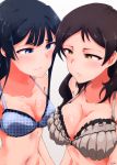  2girls absurdres black_hair blue_eyes blush bra breasts brown_eyes brown_hair highres idolmaster idolmaster_million_live! kitazawa_shiho long_hair medium_breasts mogami_shizuka moment_(moment_607) multiple_girls navel polka_dot polka_dot_bra underwear upper_body 