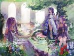  3girls black_dress blue_flower dress euryale fate/grand_order fate/hollow_ataraxia fate_(series) flower grass hairband kanimiso_(user_cnb0218) leaf lolita_hairband long_hair multiple_girls partially_submerged plant pond purple_hair red_flower rider sandals siblings sisters sitting smile standing stheno strapless strapless_dress tree twintails very_long_hair violet_eyes white_dress white_flower 