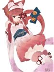  1girl alternate_costume animal_ears bare_shoulders bell bell_collar cat_ears cat_tail collar fingerless_gloves fire_emblem fire_emblem_heroes fire_emblem_if fur_trim gloves hairband japanese_clothes mikakatt one_eye_closed pink_hair sakura_(fire_emblem_if) simple_background solo tail thigh-highs white_background 