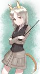  1girl animal_ears brave_witches brown_eyes cowboy_shot crossed_arms edytha_rossmann eyebrows_visible_through_hair fox_ears fox_tail highres holding_pointer looking_at_viewer makinon military military_uniform short_hair silver_hair smile solo tail uniform world_witches_series 