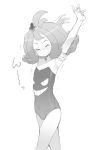  &gt;_&lt; 1girl acerola_(pokemon) arm_up armlet armpits arms_up bare_arms blush breasts cleavage closed_eyes elite_four flipped_hair gengar greyscale hair_ornament monochrome ookamiuo pokemon pokemon_(game) pokemon_sm short_hair simple_background small_breasts smile solo strapless stretch swimsuit trial_captain wavy_mouth white_background 