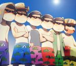  6+boys :&lt; black_hair blue_sky brothers commentary_request crossed_arms hand_on_hip heart heart_in_mouth innertube lens_flare lineup male_focus male_swimwear matsu_symbol matsuno_choromatsu matsuno_ichimatsu matsuno_juushimatsu matsuno_karamatsu matsuno_osomatsu matsuno_todomatsu multiple_boys osomatsu-kun osomatsu-san ouka_(stan) siblings sky sunglasses sweat swim_trunks swimwear towel towel_on_head wetsuit 