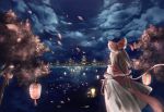  1girl bow brown_hair clouds detached_sleeves from_behind hair_bow hakurei_reimu highres lantern long_hair night outdoors paper_lantern red_bow red_shirt ribbon-trimmed_sleeves ribbon_trim scenery shirt solo touhou tree 
