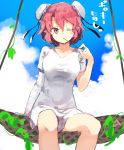  1girl bandage bandaged_arm bangs blue_sky bun_cover closed_mouth commentary_request day double_bun eating hammock highres holding ibaraki_kasen kasuka_(kusuki) looking_at_viewer one_eye_closed outdoors pink_eyes pink_hair pointy_ears shirt short_hair sitting sky solo touhou white_shirt 