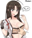  1girl absurdres ahoge blush bra bra_pull breasts brown_hair collarbone gloves grey_gloves highres japanese_clothes kantai_collection kiritto long_hair medium_breasts open_clothes open_mouth short_sleeves shouhou_(kantai_collection) simple_background single_glove solo twitter_username underwear upper_body violet_eyes white_background 