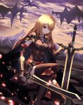  1girl absurdres blonde_hair boots cup6542 detached_sleeves dragon eyebrows fringe hair_between_eyes highres holding holding_sword holding_weapon long_hair mountain original outdoors red_eyes sitting sword tagme thigh-highs thigh_boots weapon 