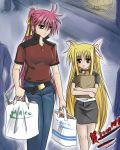  bags blonde_hair blue_eyes blush casual fate_testarossa highres leoheart long_hair mahou_shoujo_lyrical_nanoha mahou_shoujo_lyrical_nanoha_a&#039;s mahou_shoujo_lyrical_nanoha_a's pink_hair red_eyes shopping signum skirt very_long_hair 