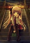  chin_rest fate_testarossa kichiroku long_hair mahou_shoujo_lyrical_nanoha necktie pantyhose red_eyes sitting smile solo stairs twintails 