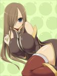  bare_shoulders blue_eyes breast_squeeze breasts brown_hair elbow_gloves gloves hair_over_one_eye huge_breasts impossible_clothes impossible_shirt long_hair shirt shuz_(dodidu) tales_of_(series) tales_of_the_abyss tear_grants thigh-highs thighhighs 