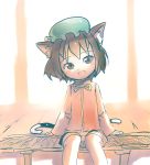  animal_ears bad_id blush_stickers brown_eyes brown_hair cat_ears cat_tail chen child fang hat head_tilt open_mouth porch rondo_bell short_hair sitting smile tail touhou veranda 