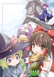  :o bad_id blonde_hair blush_stickers braid brown_eyes brown_hair clock clock_tower corn frog hair_ribbon hair_ribbons hakurei_reimu happy hat kirisame_marisa letty_whiterock moriya_suwako ribbon ribbons saigyouji_yuyuko side_braid snow touhou tower winter witch_hat 