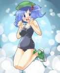  blue_hair blush boots gengorou hat jumping kawashiro_nitori no_socks one-piece_swimsuit school_swimsuit swimsuit touhou 