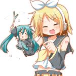  &gt;_&lt; blush chibi chibi_miku closed_eyes detached_sleeves fang hair_ornament hairclip hatsune_miku headset kagamine_rin midriff minami_(colorful_palette) navel ribbon ribbons smile spring_onion thighhighs twintails vocaloid 