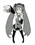  detached_sleeves flat_chest foreshortening from_above hand_on_chest hands hatsune_miku headphones headset looking_up monochrome nababa necktie open_mouth outstretched_arm skirt smile thigh_highs thighhighs twintails very_long_hair vocaloid zettai_ryouiki 