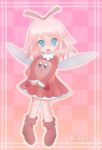  1girl :d blue_eyes boots checkered checkered_background deviantart dress english fairy hair_ribbon hoshi_no_kirby hoshi_no_kirby_64 hug kano-bi kirby kirby_(series) kirby_64 looking_at_another looking_up nintendo open_mouth pink_background pink_hair pink_puff_ball red_dress ribbon ribbon_(kirby) ribbons wings 