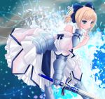  armor armored_dress blonde_hair blue_eyes bow dress fate/stay_night fate/unlimited_codes fate_(series) hair_bow ponytail saber saber_lily solo sword weapon 