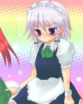  blue_eyes blush hairband hong_meiling izayoi_sakuya kouji maid ribbon ribbons short_hair silver_hair touhou 