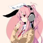  animal_ears azuma_seiji blush bunny_ears headphones long_hair mahan parody pink_hair rabbit_ears red_eyes reisen_udongein_inaba style_parody sweater touhou 