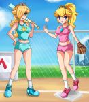  2girls ball baseball baseball_bat baseball_glove blonde_hair blue_eyes crown green_eyes hair_over_one_eye nintendo ponytail princess_peach rosalina shorts sigurdhosenfeld smile socks sports sportswear super_mario_bros. super_mario_galaxy trainers 