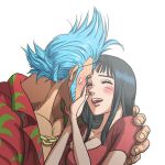  blue_hair blush breasts cleavage franky happy hawaiian_shirt laughing lowres male nico_robin one_piece smile 