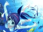  breasts cleavage fish freediving green_eyes hairband long_hair murakami_suigun ponytail swimming swimsuit underwater water 