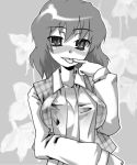  breasts cleavage finger_to_mouth gengorou kazami_yuuka lowres monochrome naughty_face open_clothes open_shirt plaid_vest shirt tongue touhou 