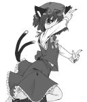  blush cat_ears cat_tail chen fighting_stance fingernails gengorou hat long_skirt monochrome multi_tail multiple_tails nail_polish nails short_hair simple_background solo tail touhou 