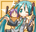 &gt;:3 :3 bare_shoulders bear_tsukasa blush capybara-san chibi detached_sleeves hatsune_miku headset hiiragi_tsukasa lucky_star microphone minami_(colorful_palette) multiple_girls necktie o_o pinky_out smile twintails vocaloid wink 