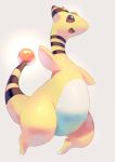  :d ampharos full_body grey_background looking_at_viewer manino_(mofuritaionaka) no_humans open_mouth pokemon pokemon_(creature) red_eyes simple_background smile solo standing 
