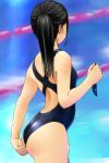  1girl adjusting_clothes adjusting_swimsuit ass competition_swimsuit cowboy_shot from_behind highres looking_away matsunaga_kouyou one-piece_swimsuit original ponytail pool solo swimsuit wet wet_clothes wet_hair 