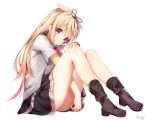  1girl bangs bare_legs between_legs black_ribbon black_skirt blonde_hair blush boots brown_footwear closed_mouth full_body gradient gradient_hair hair_flaps hair_ribbon hand_between_legs highres kantai_collection knees_up long_hair looking_at_viewer miniskirt multicolored_hair nyum red_eyes redhead ribbon ribbon-trimmed_skirt ribbon_trim scrunchie shirt short_sleeves sidelocks signature simple_background sitting skirt smile solo tareme twitter_username white_background white_shirt wrist_scrunchie yuudachi_(kantai_collection) 