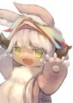  1girl :d bangs bright_pupils ears_through_headwear fang fur furry green_eyes hat horns long_hair made_in_abyss manino_(mofuritaionaka) nanachi_(made_in_abyss) open_mouth paws simple_background smile solo topless upper_body white_background white_hair 
