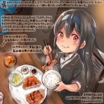  1girl black_hair blazer blue_headband bowl chopsticks colored_pencil_(medium) commentary_request dated food hair_between_eyes hatsushimo_(kantai_collection) headband holding holding_bowl holding_chopsticks jacket kantai_collection kirisawa_juuzou long_hair low-tied_long_hair numbered red_eyes remodel_(kantai_collection) rice school_uniform shirt sitting smile solo tonkatsu traditional_media translation_request twitter_username white_shirt 
