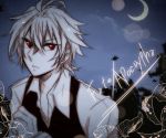 1boy ahoge eyebrows_visible_through_hair fate/apocrypha fate_(series) hibito_hanken looking_at_viewer male_focus moon night night_sky pale_skin red_eyes shirt sieg_(fate/apocrypha) sky solo solo_focus star_(sky) starry_sky waistcoat white_shirt 