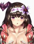  1girl :o arm_warmers bat black_hair blush breasts breasts_outside farys_(afopahqfw) fate/grand_order fate_(series) hair_ribbon hairband highres hood hood_down large_breasts long_hair looking_at_viewer origami osakabe-hime_(fate/grand_order) ribbon solo violet_eyes white_background 