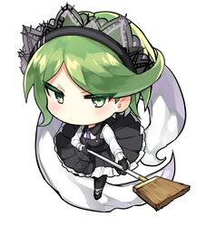  1girl black_gloves broom chibi dangan_ronpa dress gloves green_eyes maid_headdress new_dangan_ronpa_v3 pinafore_dress short_hair suurin_(ksyaro) toujou_kirumi 