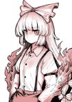  1girl bangs bow buttons closed_mouth collared_shirt commentary_request cowboy_shot eyebrows_visible_through_hair fire fujiwara_no_mokou hair_bow hand_in_pocket juliet_sleeves long_hair long_sleeves looking_at_viewer monochrome oninamako puffy_sleeves shirt simple_background solo suspenders touhou white_background 