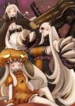  3girls :d airfield_hime alternate_costume cape claws commentary_request detached_sleeves fang halloween headgear horn horns jack-o&#039;-lantern kantai_collection long_hair looking_at_viewer machinery mittens multiple_girls northern_ocean_hime open_mouth orange_eyes red_eyes seaport_hime sela_chimorpha shinkaisei-kan sitting smile tentacle white_hair white_skin wo-class_aircraft_carrier 