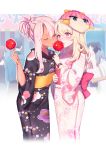  2girls blush candy_apple chloe_von_einzbern dark_skin eyebrows_visible_through_hair fate/kaleid_liner_prisma_illya fate_(series) fiodo floral_print food hand_on_another&#039;s_shoulder highres illyasviel_von_einzbern japanese_clothes kimono long_hair mask mask_on_head multiple_girls obi one_eye_closed open_mouth outdoors pink_eyes pink_hair platinum_blonde sash sharing_food short_ponytail single_sidelock tongue tongue_out wristband yellow_eyes yukata 