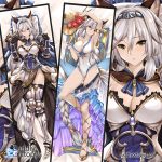  1girl animal_ears arm_up armlet armor armored_boots armored_dress armpits bangs bare_shoulders belt black_gloves blush boots braid breasts brown_eyes cape cleavage collarbone covered_navel cross-laced_legwear dakimakura diadem dress elbow_gloves erun_(granblue_fantasy) flower gloves granblue_fantasy greaves hair_between_eyes hair_tubes hat heles hips large_breasts long_hair one-piece_swimsuit parted_lips pauldrons pillow sarong sidelocks silver_hair single_braid single_pauldron smile strap_pull straw_hat swimsuit thighs tony_guisado vambraces waist watermark web_address white_dress white_swimsuit 