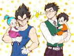  2boys 2girls :d belt black_eyes black_hair blue_eyes blue_hair bra_(dragon_ball) carrying denim dougi dragon_ball dragonball_z dress eyebrows_visible_through_hair father_and_daughter formal frown glasses gloves hand_on_hip happy jeans long_sleeves looking_at_another looking_away multiple_boys multiple_girls necktie ochanoko_(get9-sac) open_mouth orange_background pan_(dragon_ball) pants short_hair simple_background smile son_gohan sweatdrop tied_hair vegeta white_background wristband yellow_background 