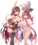  2girls animal_ears bare_shoulders breasts brown_hair bunnysuit card cleavage flower granblue_fantasy hair_between_eyes hair_flower hair_ornament highres large_breasts leaf long_hair looking_at_viewer low_twintails mizuno_(suisuiw) multiple_girls navel one_eye_closed pink_hair plant_girl pointy_ears rabbit_ears rose rosetta_(granblue_fantasy) smile thigh-highs twintails very_long_hair violet_eyes yggdrasill_(granblue_fantasy) 