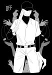  1boy baseball_bat baseball_cap baseball_uniform belt closed_mouth copyright_name hands hat highres nogamichi off solo sportswear sugar_(off) the_batter the_judge white_skin zacharie 